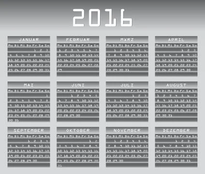 German calendar 2016 greyscale vector Stock Illustration