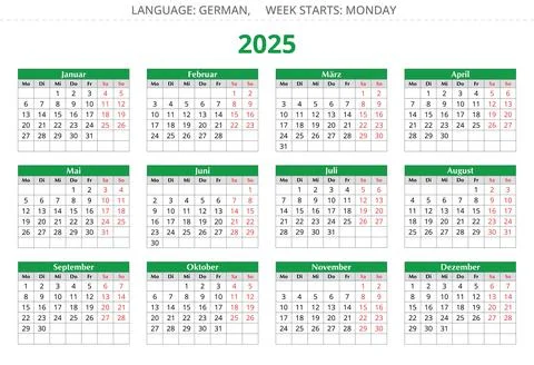 GERMAN calendar on 2025 year. Vector illustration for Germany (kalender) Stock Illustration