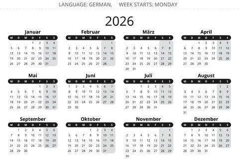 German calendar for 2026. Vector year illustration Germany Stock-Illustration