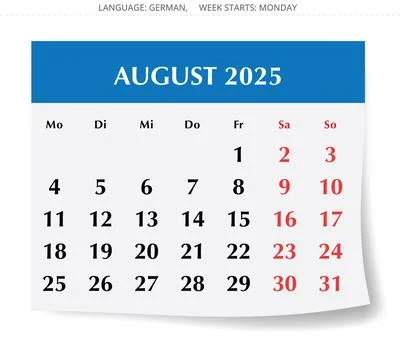 German calendar for august 2025. Vector illustration of month page Germany Illustrazione stock