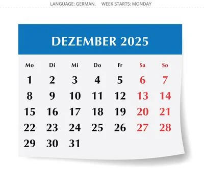 German calendar for december 2025. Vector illustration of winter month page.. Stock Illustration