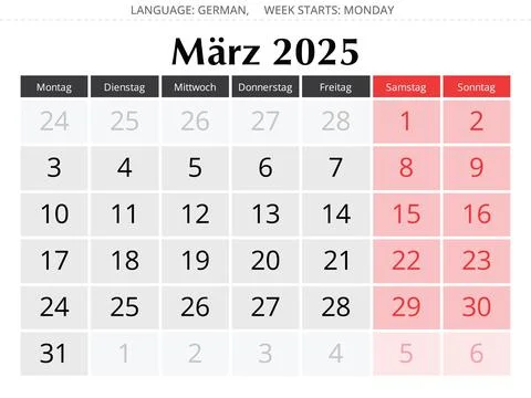 German calendar for march 2025. Vector illustration spring month for Germany Stock Illustration