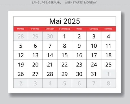 German calendar for may 2025. Vector illustration paper page of spring mont.. Stock Illustration