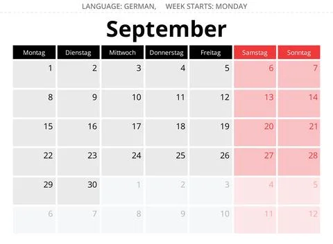 German calendar for september 2025. Vector illustration of autumn month for.. Stock Illustration