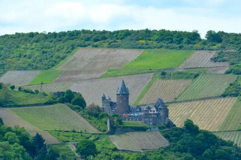 A German castle is surrounded tilled fields and forest. Stock Photos
