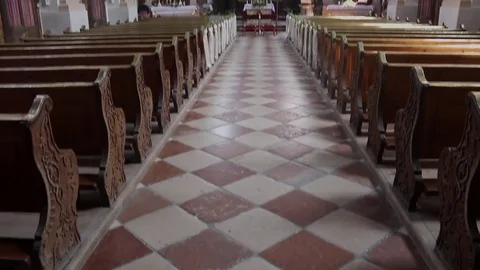 German church catholic empty rows with wedding decoratio Stock Footage 71205424