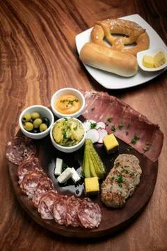 German cold cuts tapas snack platter with meats and bread Stock Photos