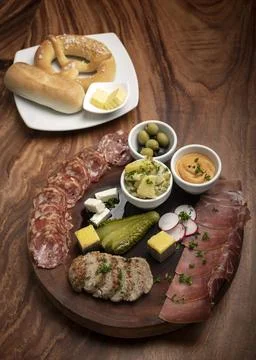 German cold cuts tapas snack platter with meats and bread 스톡 사진