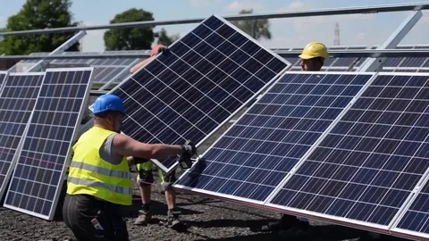 German contractor install solar panels on Chievres Air Base - 2014 Stock Footage 101179130