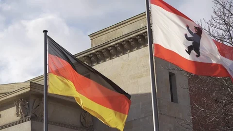 German flag and flag of Berlin city are waving on the wind. Stock Footage 127354965