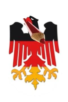 German flag eagle carrying red pencil in mouth, close up Stock Illustration