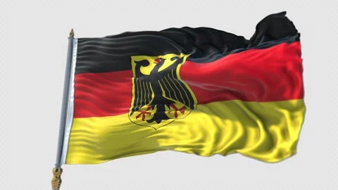 German Flag on a flagpole Waving on Transparent Alpha Background Видео 292119950