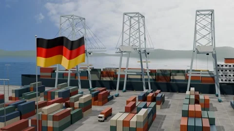 German Flag Flying Over Container Port Terminal Cranes seamless loop Stock Footage 344964814