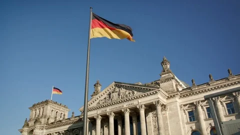 German Flag at Reichstag, Berlin, Germany. Stock Footage