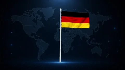 German flag waving on a flagpole against a digital world map. Stock Footage 340414073