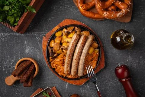 German grilled sausages with potato Stock Photos