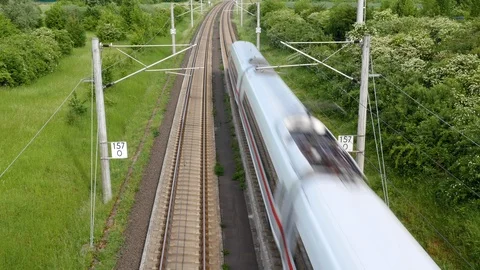 German ICE highspeed train - elevated view from a bridge Stock Footage