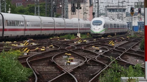 A german ice train is passing by another one Stock-Footage 155627017