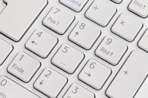 German Language Computer Keyboard - White Numpad - DE, GER 库存照片