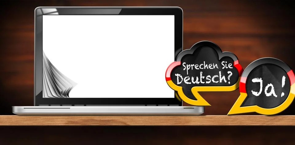 German Language Lesson - Two Speech Bubbles and a Laptop Computer. Stockillustratie