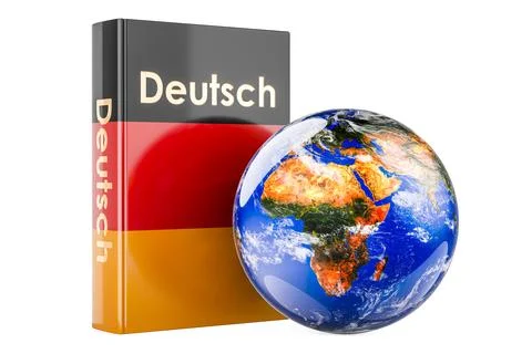 German language textbook with Earth Globe. International lessons and course.. Illustrazione stock