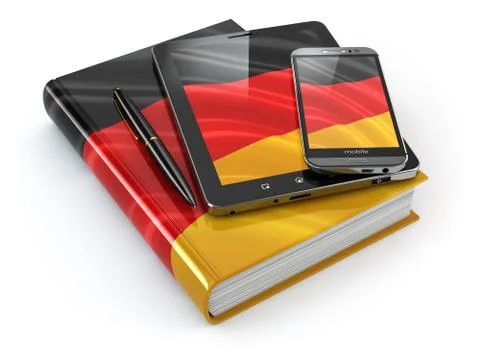 German learning. mobile devices, smartphone, tablet pc and book . Stock Illustration