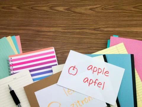 German; Learning New Language Writing Words on the Notebook Stock Photos