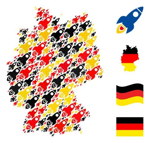German Map Mosaic of Space Rocket Items in German Flag Colors 库存插图