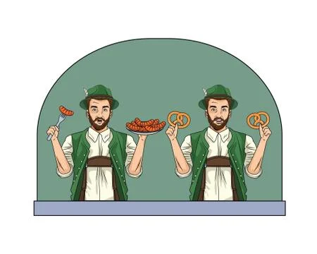 German men wearing tyrolean suits with sausages and pretzels Illustrazione stock
