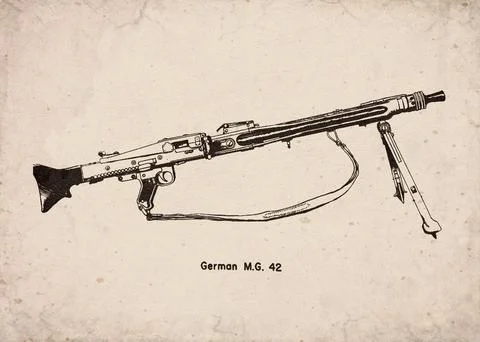 German M.G. 42 Machine Gun World War Two Weaponry Technical Illustration Do.. 库存插图