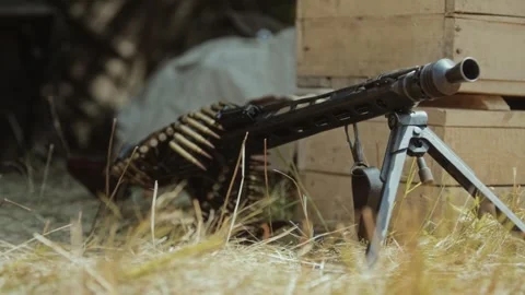 German MG42 machine gun positioned with ammunition belt on bipod during World Stock Footage 323366658