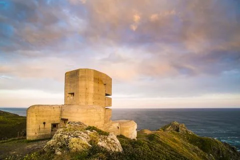German Observation Tower from World War Two at sunset, Guernsey, Channel Stock Photos