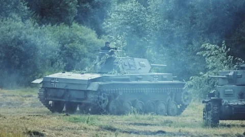 German Panzer III medium tank replica camouflaged with foliage, commander Stock Footage 328359000