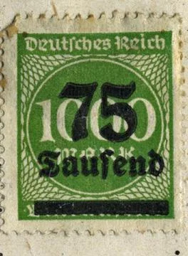 German Postage Stamp - 1920's Hyperinflation 1000 marks inflate to 75,000 Stock Photos