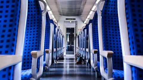 German Regional Train Interior Empty Carriage Sunlight Movement Stock Footage 94985084