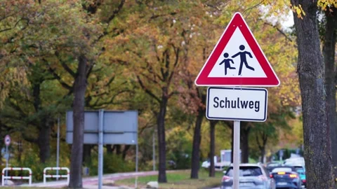 German School Route Warning Road Sign Stock Footage 296193067