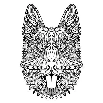 German shepherd dog head mandala zentangle coloring page illustration Stock Illustration