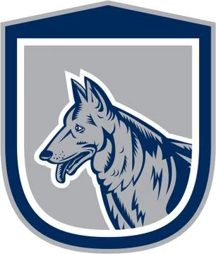 German shepherd dog head shield woodcut. Stock Illustration