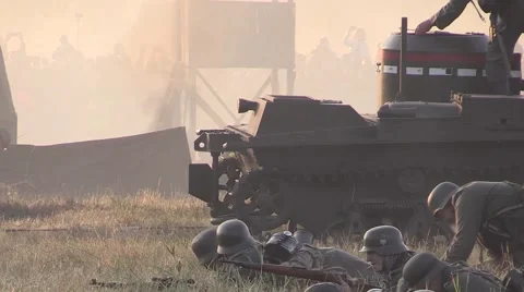 A German soldier throwing a grenade at a Russian tank Stock Footage 60141401