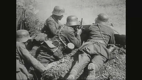 German soldiers fire machine guns from their trenches in World War I-1914-1918 Video stock 83657272