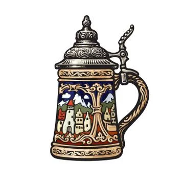 German stein beer mug with decorations in the form of old medieval city. Vector Stock Illustration