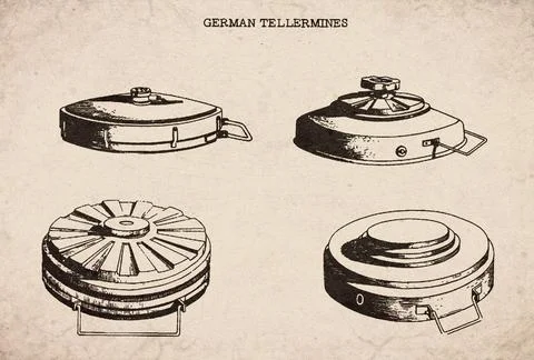 German Tellermines No 1 to 4 Technical Illustration Document Stock Illustration