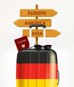 German tourist suitcase with pointer with continents names. 3d vector banner  库存插图