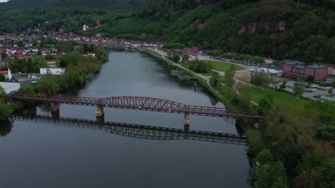 A german town next to a river and a bridge from above Stock Footage 154487122