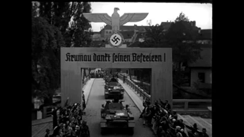German troops march into Český Krumlov in the Sudetenland, 1938 Stock Footage 252128549