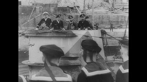 German U-Boat sets off and servicemen work inside the boat Stock Footage 109503282