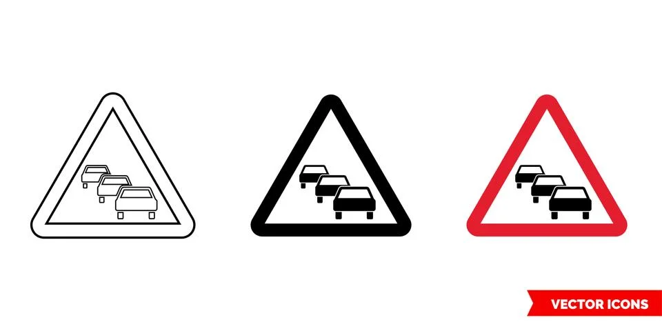 German warning sign traffic queue icon of 3 types color, black and white, out Stock Illustration