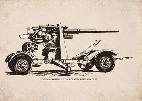 German World War II 88mm Flak Gun Vintage Technical Illustration 库存插图