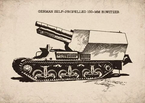 German World War II Self-Propelled 150mm Howitzer Technical Diagram Document 库存插图