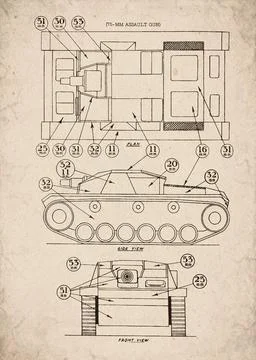 German World War II StuG III Tank Blueprint Technical Diagram 库存插图